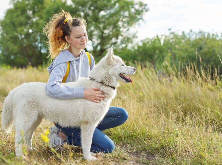 Teenager girl hugging dog, friendship care and love between child and pet